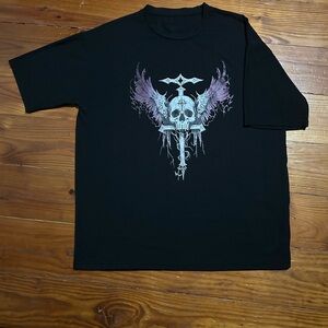 Black Graphic Tee with Skull and Wings Design